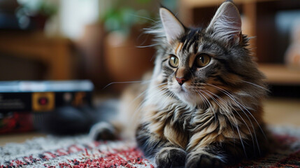 Very Cute Small Golden Color Hairy Sitting Cat Front View Portrait on Blurry Background