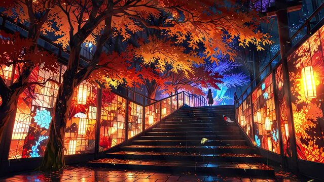 Wet and unoccupied Japanese streets at night, autumn with fallen leaves, anime video loop.