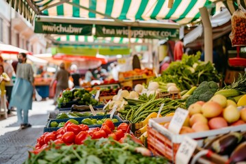 A vibrant outdoor market scene with colorful stalls overflowing with fresh fruits, vegetables, and herbs, as well as cuts of meat and seafood, bustling with shoppers and vendors