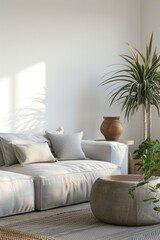 A minimalist Scandinavian living area with a sleek grey sofa, lush potted palms, and stylish natural decor elements under soft, natural lighting.