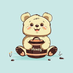A cute children's character is a bear cub with a barrel of honey. Vector illustration for postcards, covers, banners, invitations and more.