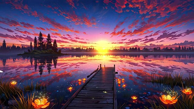 Sunrise over Drammen's lake in the morning, depicted in a 4k looping video.