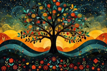 A colorful tree of life representing strength, growth and power of genus. Creative illustration in flat style.
