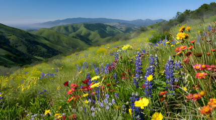 A panoramic view of rolling hills dotted with blooming wildflowers
