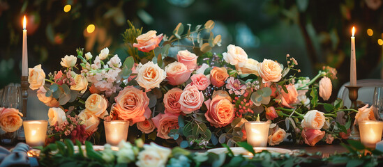 Fototapeta premium a elegant table reception adorned with a beautiful arrangement of flowers and candles, creating a romantic ambiance.