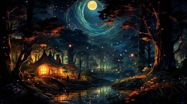 camping in forest at night with stars and fireflies,