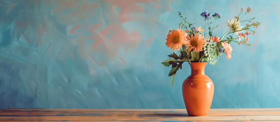 Stylish orange ceramic vase with fresh flowers on a minimalist wooden dining table, adding a touch of color and natural elements