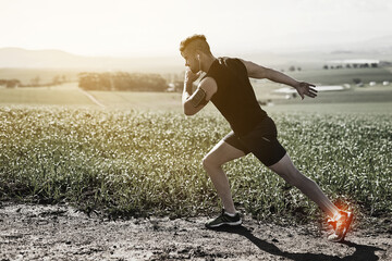 Man, workout and foot pain for running, outdoor and bone or joint injury in countryside or...