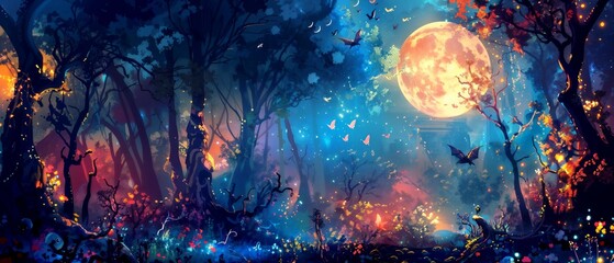 Fototapeta premium Dreamlike forest illustration with a glowing moon and mystical creatures