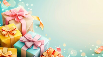Pastel colored gift boxes with bows on a light blue background, symbolizing joy and excitement during festive celebrations