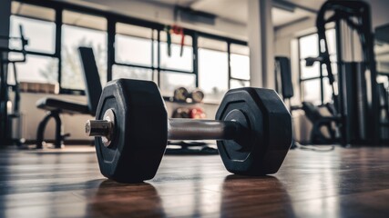 Fototapeta premium A striking photograph of a lone dumbbell resting on the gym floor