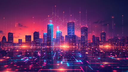 Obraz premium Concept Smart city for web page, banner, presentation, social media. Smart city concept with different icon and elements. city design technology for living.