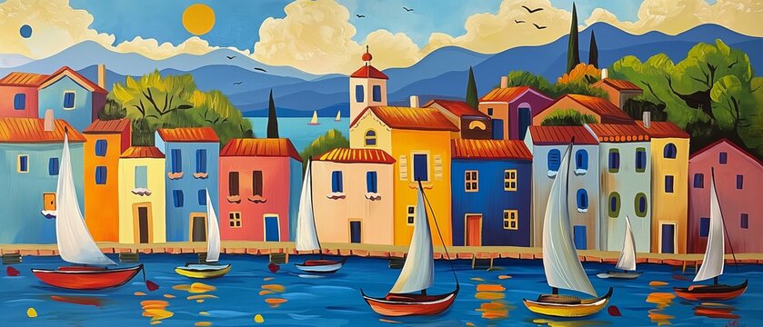 Painting of a picturesque seaside town, colorful houses and sailboats in the harbor