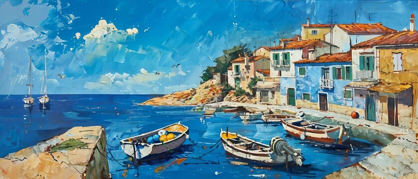 Painting of a small seaside village, fishing boats bobbing in the tranquil harbor