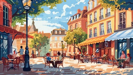 Illustrated charming European town square, people enjoying a leisurely evening