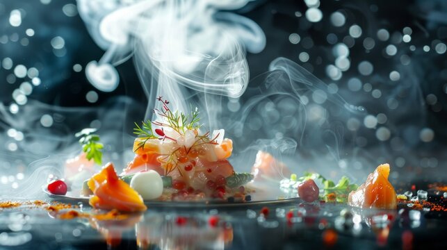 Gourmet dish with smoke and steam, artistic food presentation, vibrant colors, and elegant plating, captured against a dark background.
