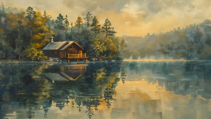 Obraz premium Painting of a lakeside cabin reflected in still waters, warm and comforting feel
