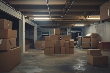 Industrial storage area with many cardboard boxes, dimly lit and spacious, suggesting a warehouse or distribution center.