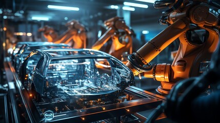 Automotive assembly line with advanced robotics close up, focus on, copy space vibrant colors Double exposure silhouette with car production