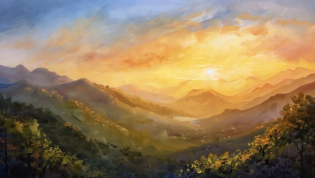 Painting of serene mountains cape at sunset, warm hues and tranquil atmosphere