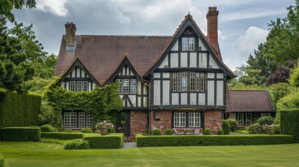A Tudor-style house with characteristic half-timbered framing