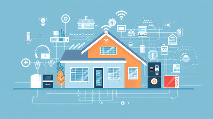 Fototapeta premium Home automation system concept.Smart home control.Internet of things technology of home automation system.Internet of things (IOT) illustration with icons of house and appliances.