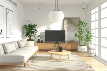 Spacious Scandinavian living room with a large window, a central TV, and vibrant green plants, blending comfort and style.