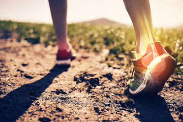 Person, feet and ankle pain for running, outdoor and bone or joint injury in countryside or...