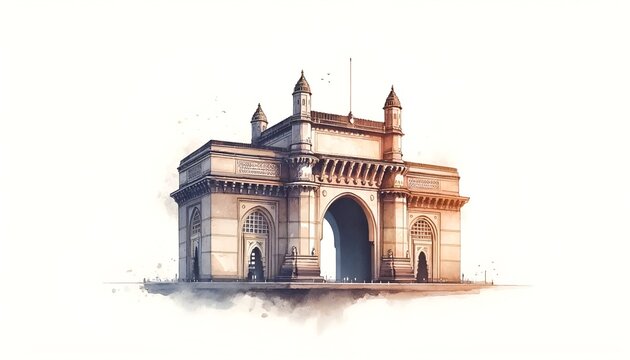 Watercolor illustration of the Gateway of India in Mumbai.