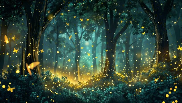 Dreamlike forest illustration with glowing fireflies and a starry night sky