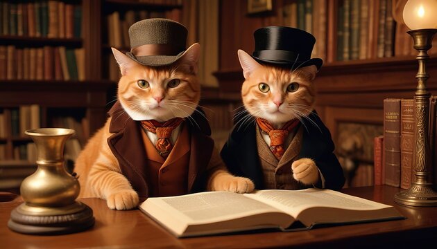 Detective cat investigating mysteries in vintage study room, classic literature concept, cosplay, pet day