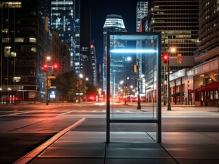 Fototapeta premium Empty street advertisement board in a vibrant cityscape, ideal for presenting your marketing campaign or artwork