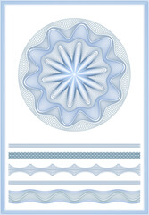 A set of guilloche elements: a frame, a rosette, and borders.