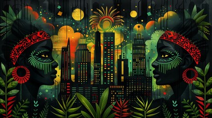 Mural depicting African American women profiles on cityscape backdrop. Creative illustration in black, green, red and yellow colors, flat style.