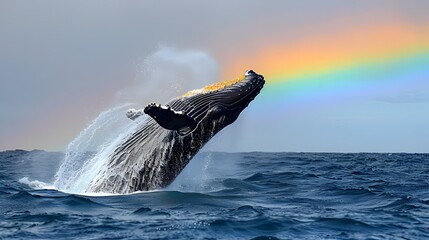 Fototapeta premium Majestic Humpback Whale Breaching the Ocean with Dramatic Rainbow