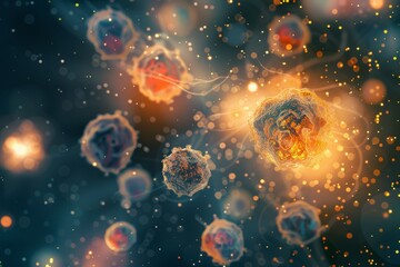 Abstract depiction of floating cells with a vibrant, glowing nucleus, surrounded by a cosmic background of colors and particles.