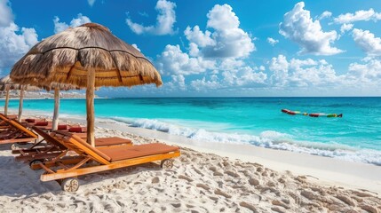 beautiful beach with beach beds and umbrella