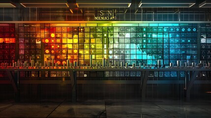 A detailed periodic table of elements displayed on a wall with colorful and informative visuals. 8k, realistic, full ultra HD, high resolution and cinematic photography