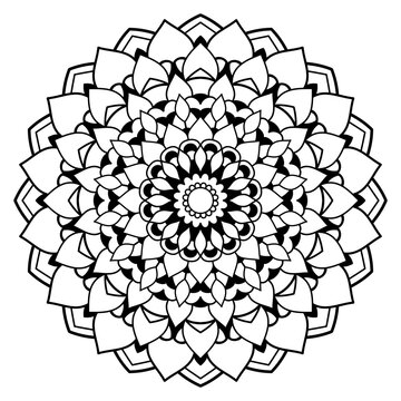 recommend clip art: Floral mandala with line, circular shape, drawing of botanical theme, for coloring book page, ornament, decoration, tattoo, wallpaper, background, card, sticker, illustration.
