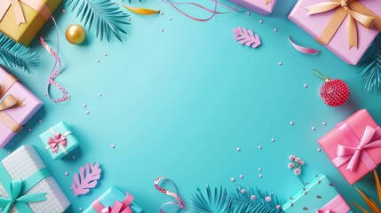 Fototapeta premium Festive scene with colorful gift boxes and decorations on a turquoise background, symbolizing celebration and joy