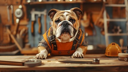 Bulldog Carpenter at Work A Surreal of Determined Canine Craftsmanship