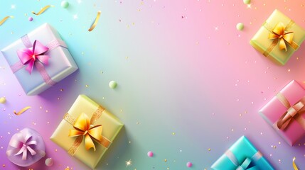 Creative flat lay of pastel gift boxes with ribbons on a light blue and pink background, perfect for festive celebrations