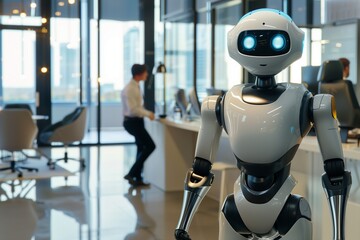 A futuristic humanoid robot standing in a modern office environment, engaging with business professionals, representing innovation in technology and AI in corporate settings 