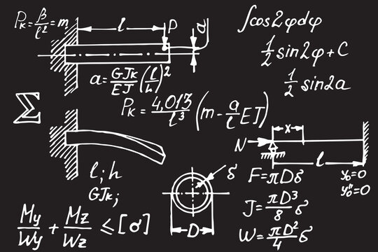 Physical notation with the equations, figures, schemes, plots and other calculations on school board. Handwritten vector illustration. Scientific background.
