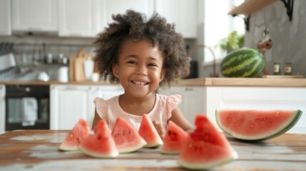 Happy cute little African American girl eating watermelon at kitchen table.