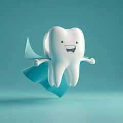 Icon of a strong tooth with a cape and superhero pose