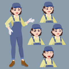 workwoman in jumpsuit wearing cap standing waved hand in gloves with set of face expression.