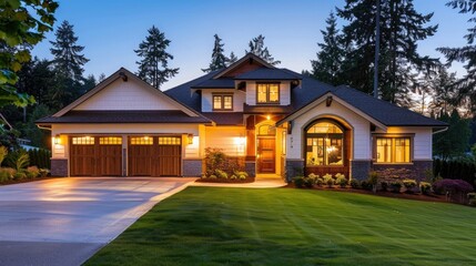 Beautiful home exterior at dusk in the Pacific Northwest with lush green grass and trees, white walls and roof, front yard, large garage door lit up 