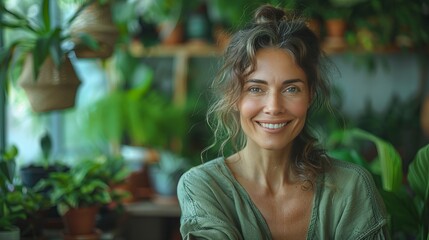 Handsome smiling woman facing camera. Background of house plants. 