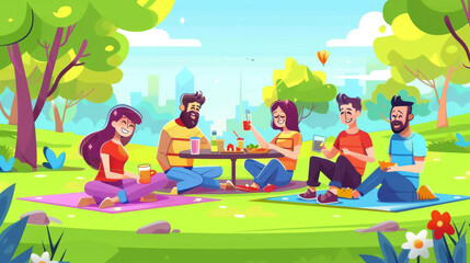 Friends having a picnic in a lush green park, sharing food and drinks on a blanket.